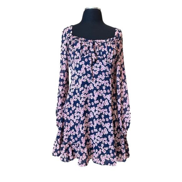 Lush Ditsy Floral Print Tie Front Puff Long Sleeve Minidress Blue Pink NEW Sz M - Picture 1 of 15